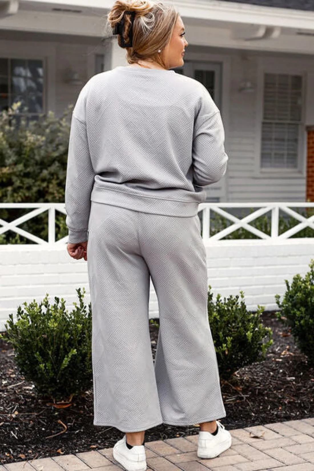 Textured Long Sleeve Top and Drawstring Lounge Pants Set