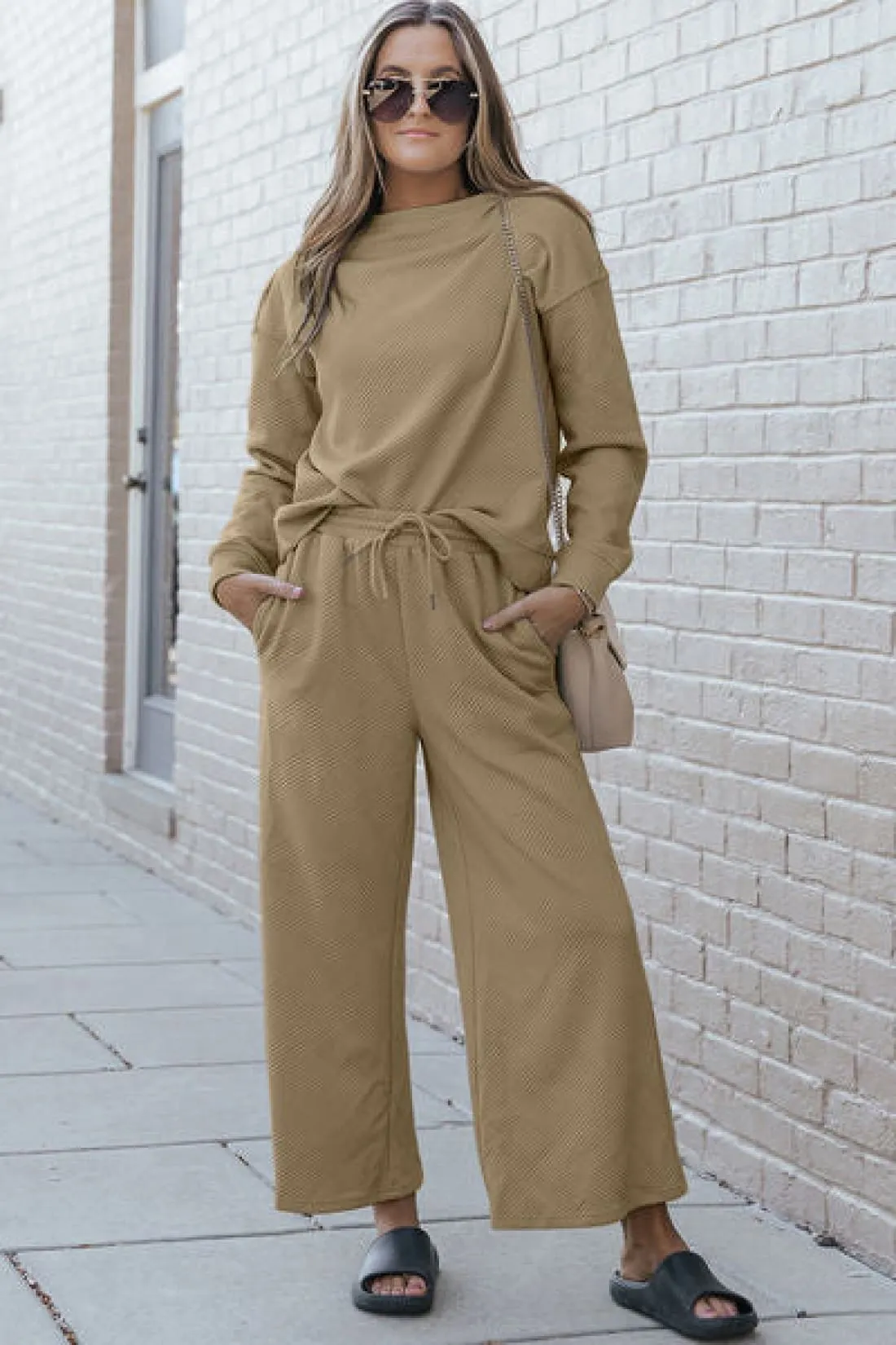 Textured Long Sleeve Top and Drawstring Lounge Pants Set