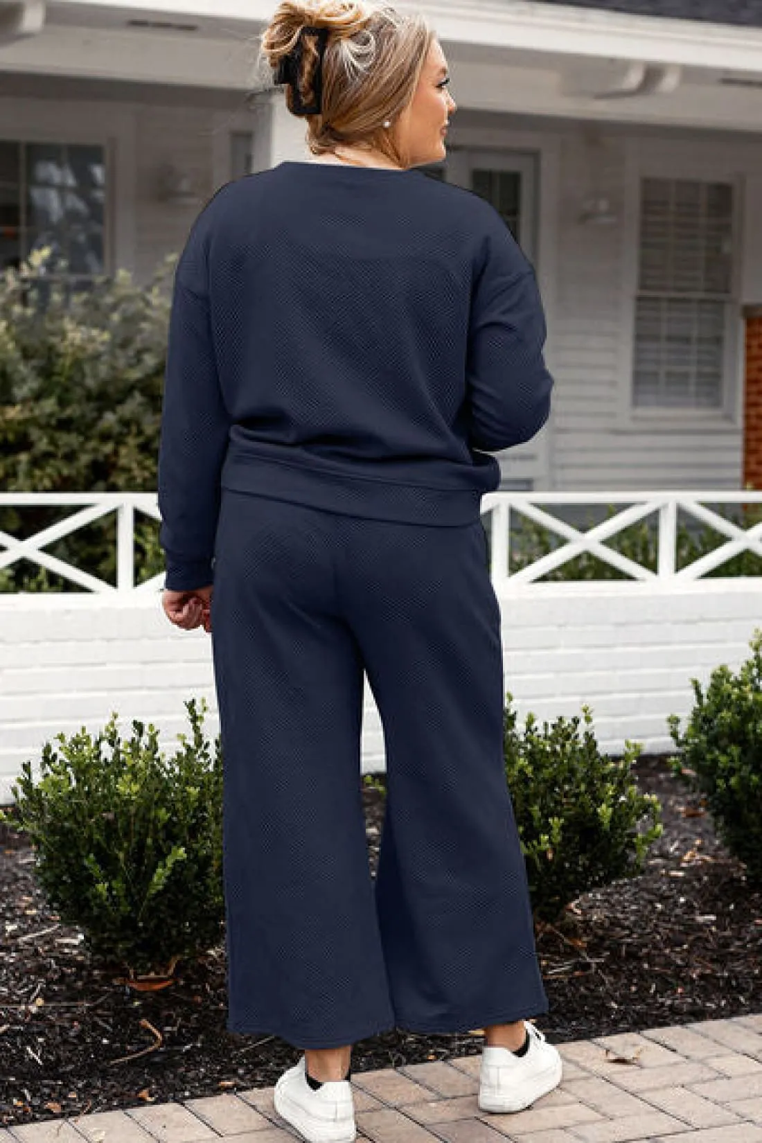 Textured Long Sleeve Top and Drawstring Lounge Pants Set