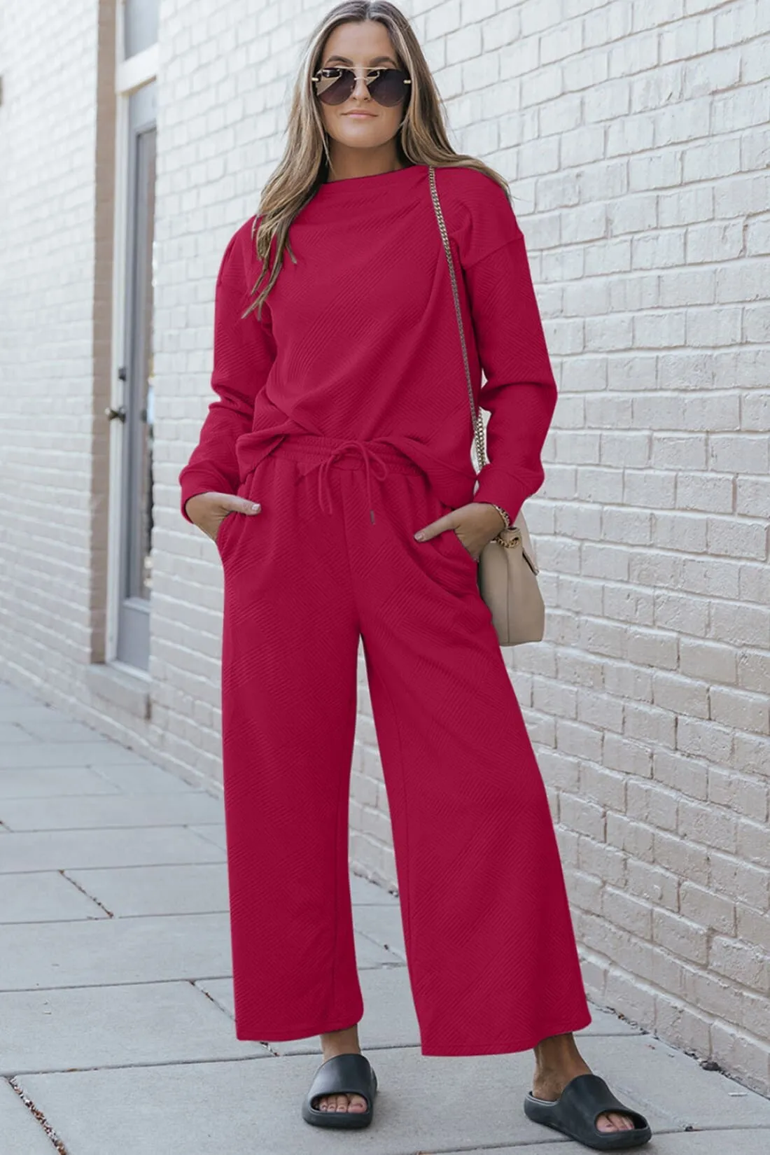 Textured Long Sleeve Top and Drawstring Lounge Pants Set