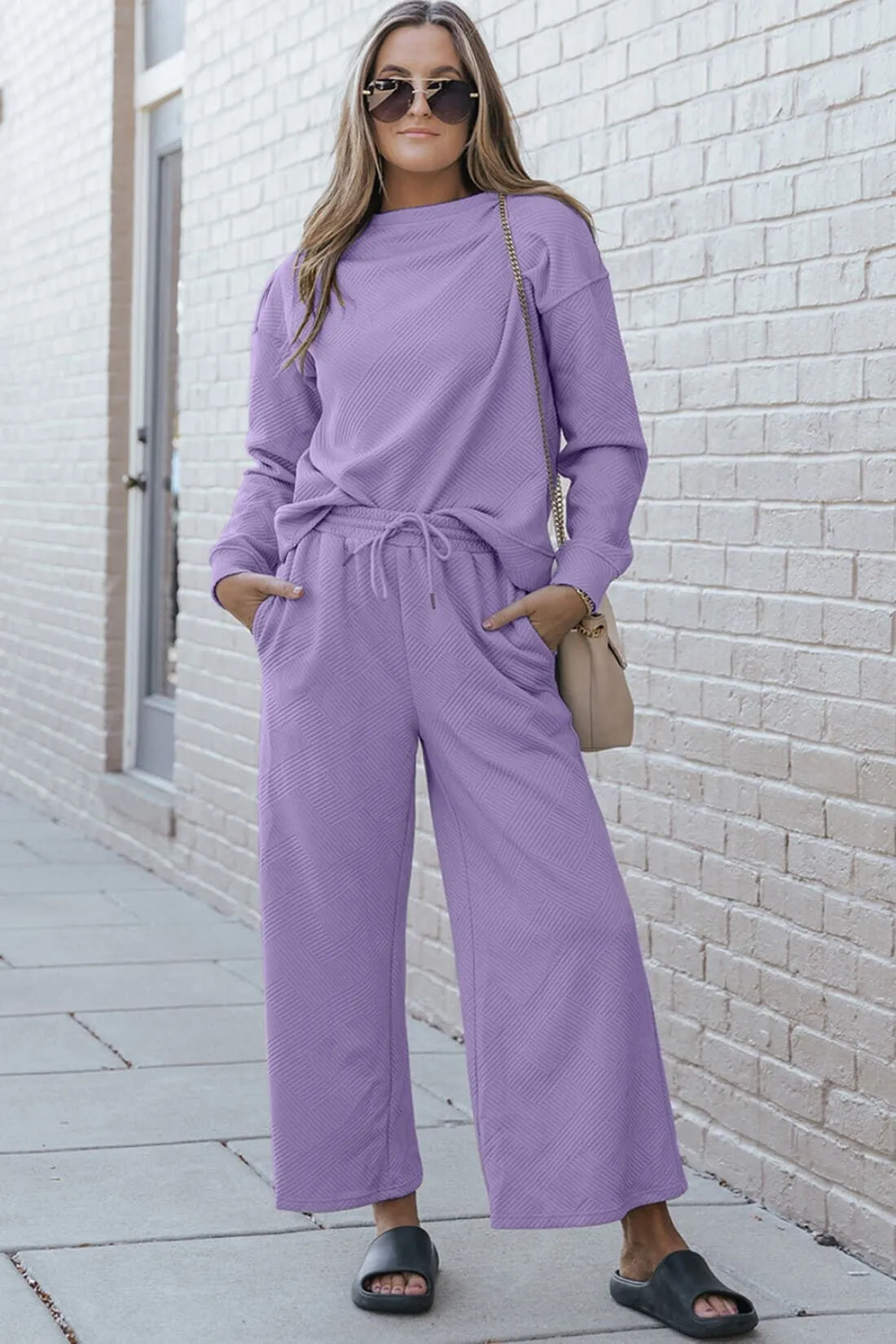 Textured Long Sleeve Top and Drawstring Lounge Pants Set