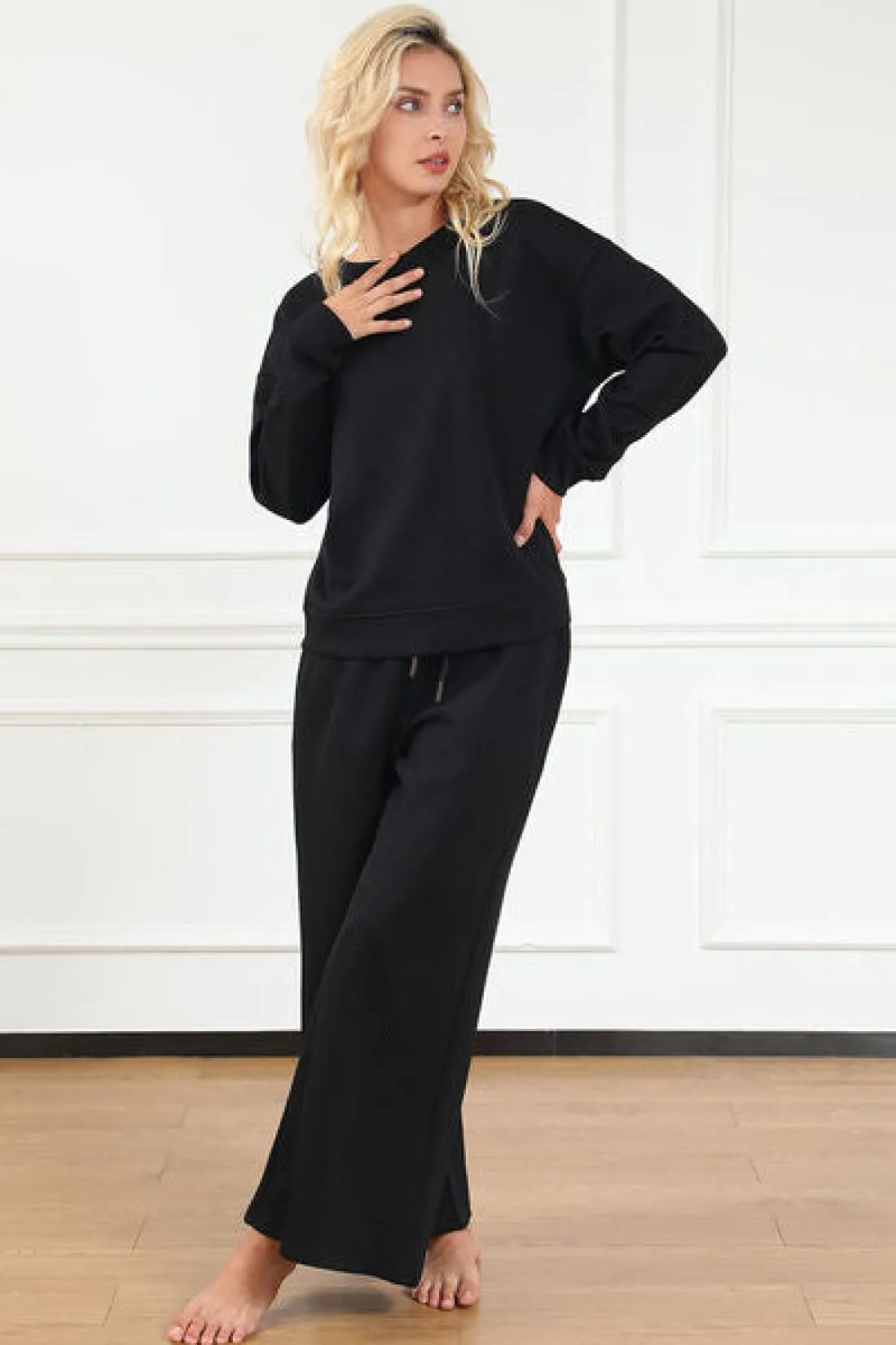 Textured Long Sleeve Top and Drawstring Lounge Pants Set