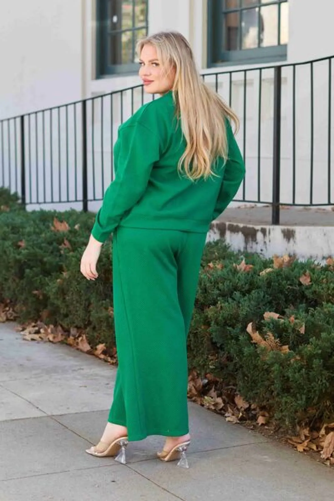 Textured Long Sleeve Top and Drawstring Lounge Pants Set