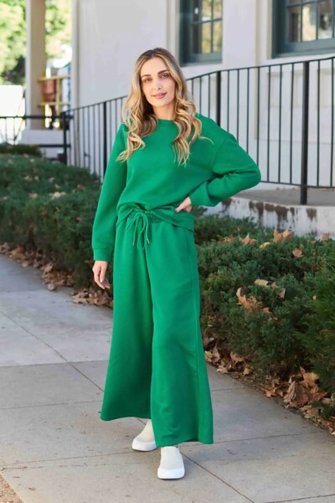 Textured Long Sleeve Top and Drawstring Lounge Pants Set