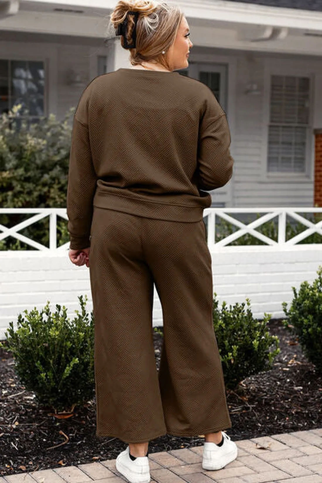 Textured Long Sleeve Top and Drawstring Lounge Pants Set