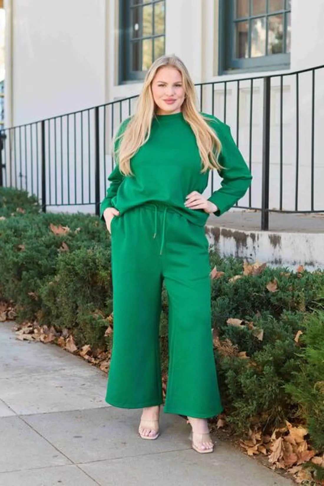 Textured Long Sleeve Top and Drawstring Lounge Pants Set