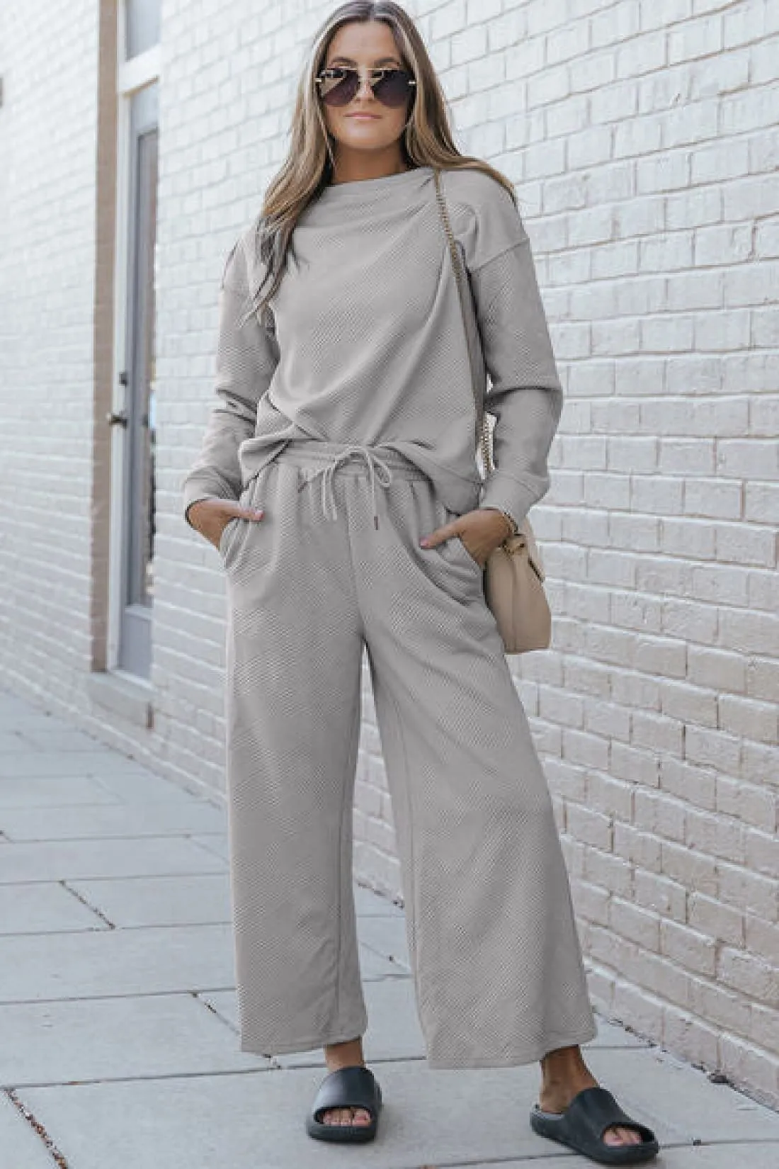 Textured Long Sleeve Top and Drawstring Lounge Pants Set