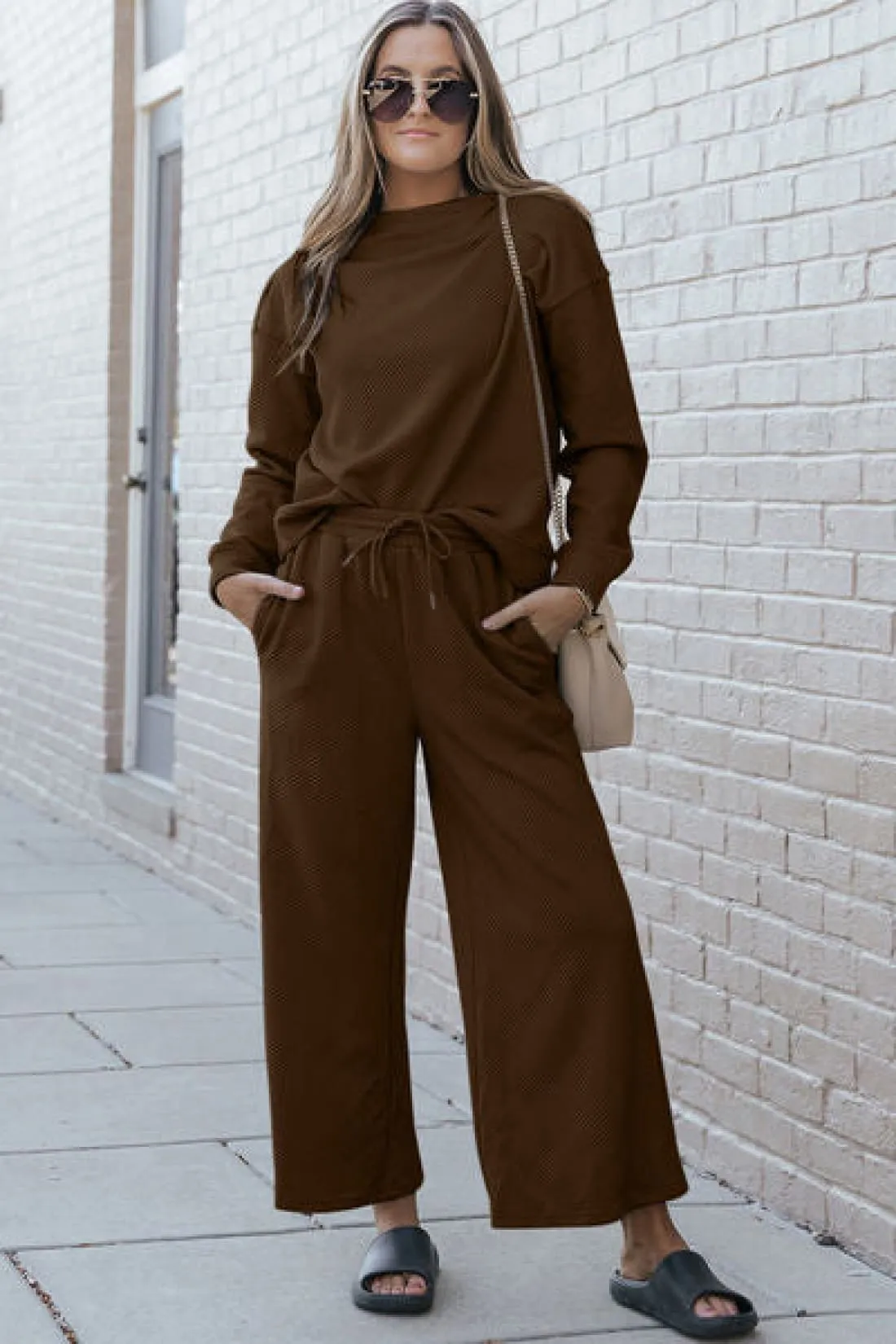 Textured Long Sleeve Top and Drawstring Lounge Pants Set