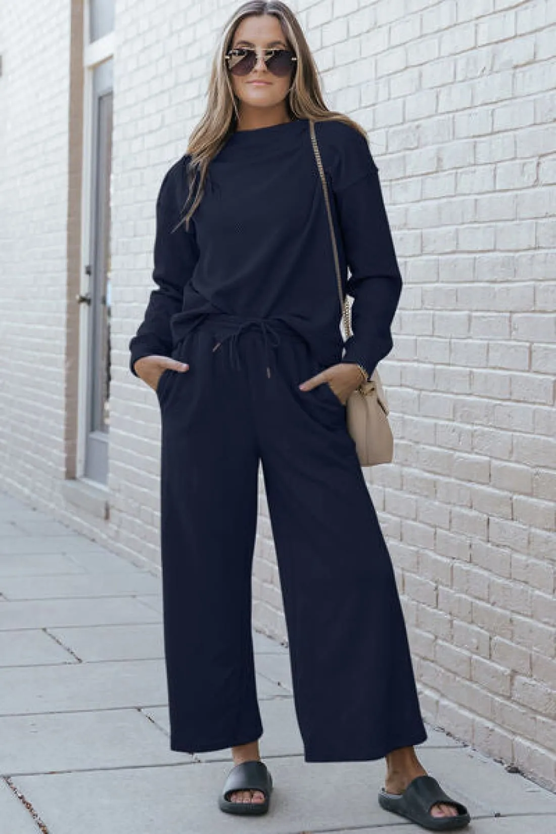 Textured Long Sleeve Top and Drawstring Lounge Pants Set