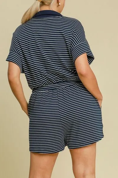 Umgee Full Size Half Zip Striped Romper Plus Size