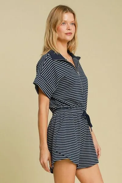 Umgee Full Size Half Zip Striped Romper Plus Size