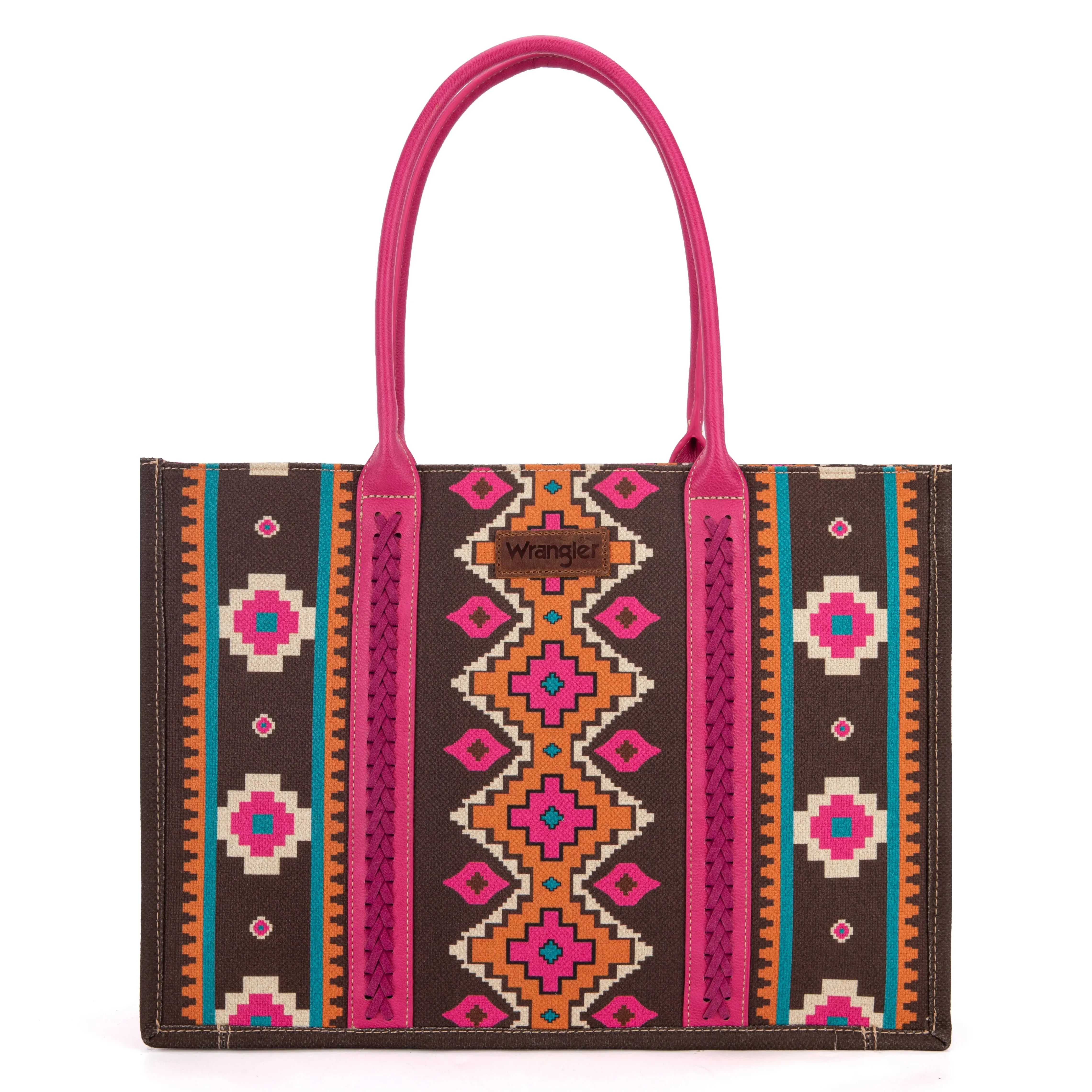 WG2203-8119 Wrangler Southwestern Pattern Dual Sided Print Canvas Wide Tote  Hot Pink