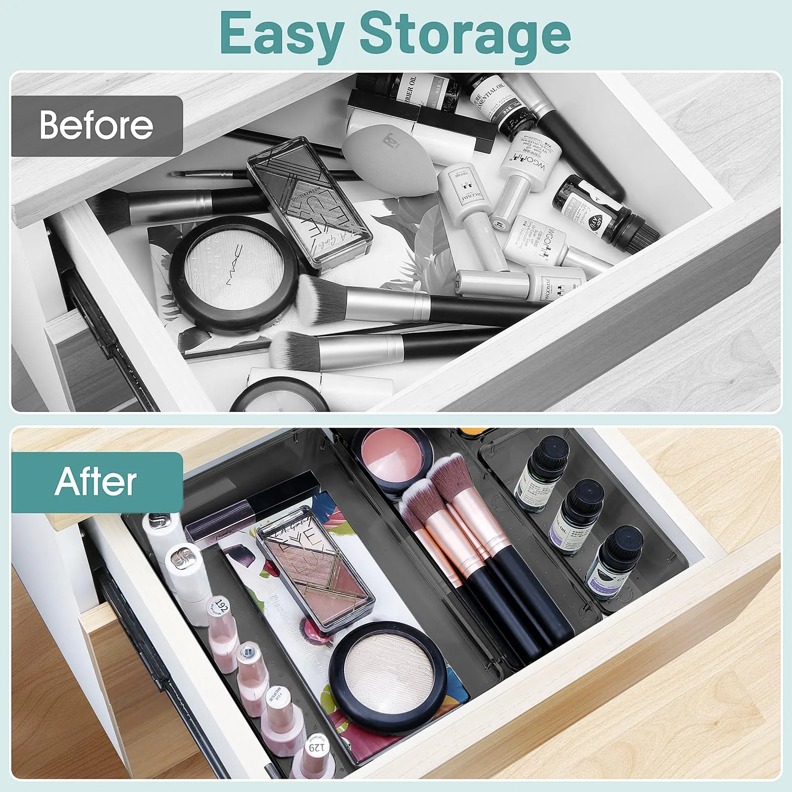 WOWBOX 6 PCS Plastic Drawer Organizer Set, Desk Drawer Divider Organizers and Storage Bins for Makeup, Jewelry, Gadgets for Kitchen, Bedroom, Bathroom, Office, Black