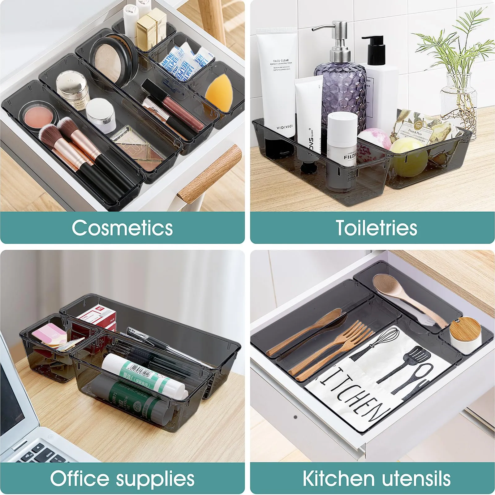 WOWBOX 6 PCS Plastic Drawer Organizer Set, Desk Drawer Divider Organizers and Storage Bins for Makeup, Jewelry, Gadgets for Kitchen, Bedroom, Bathroom, Office, Black